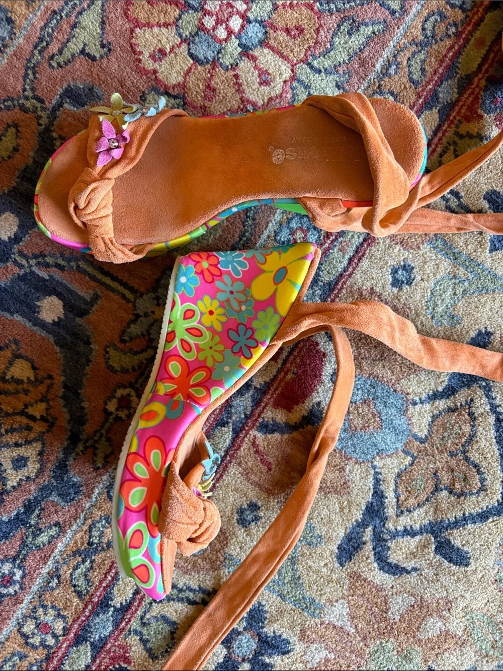 Dollhouse Orange Tie-Wrap Sandals with Multicolor Floral Trim Made in Italy